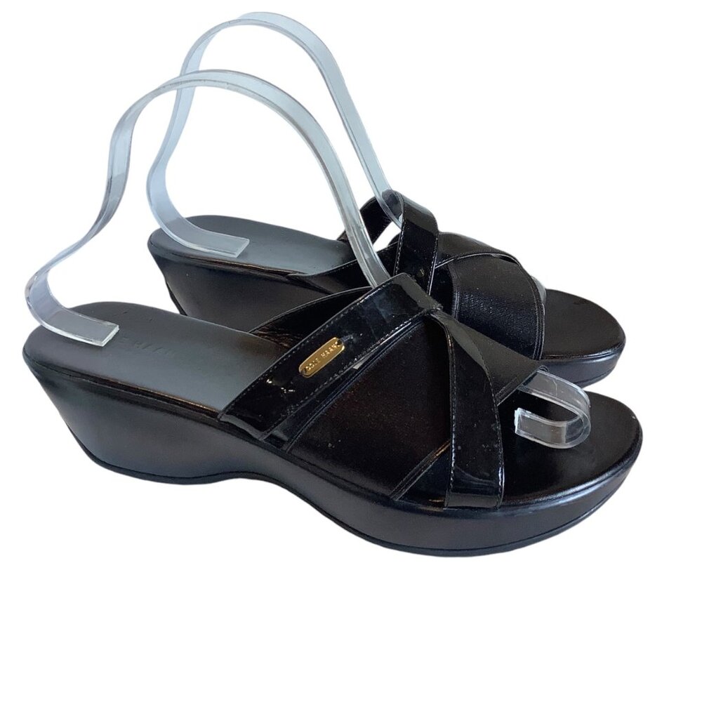 Cole Haan Grand OS Womens‎ Black Patent Leather Wedge Sandals Size 8.5 Slip On